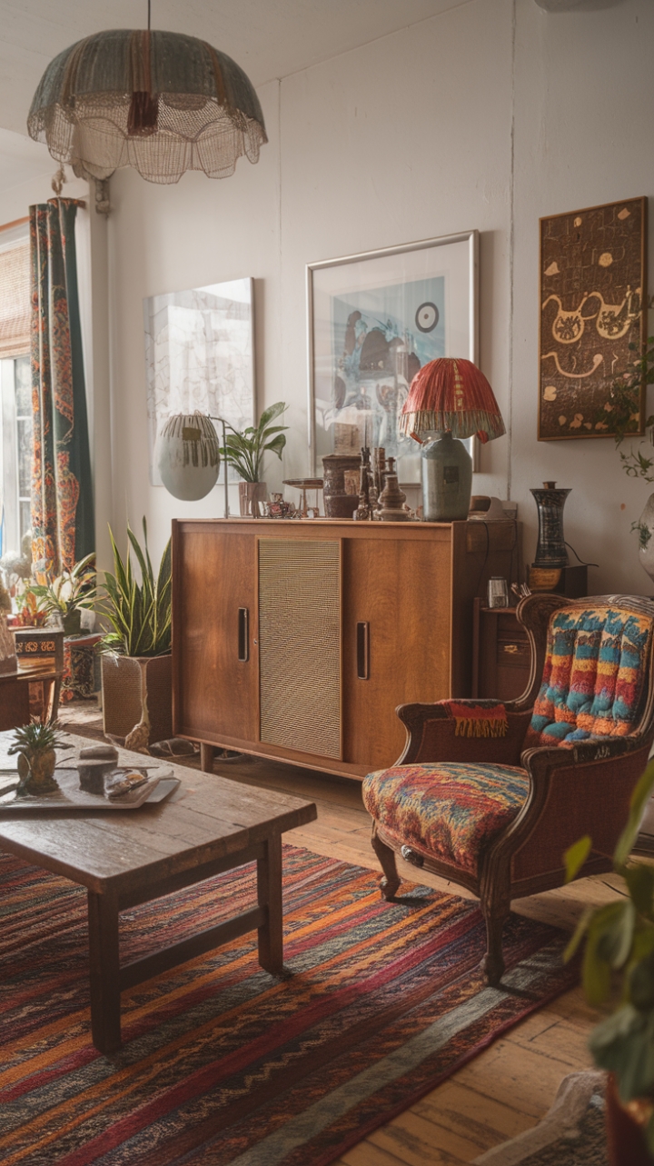 Ready to step into a space that feels like a warm hug? This living room is a masterclass in curated comfort, where vintage finds and global treasures mingle with effortless grace. A rustic coffee table anchors the room, surrounded by a vintage armchair draped in a vibrant textile that begs you to sink in. Retro accents, from a charming lampshade to a unique vase, add playful pops of personality. Lush greenery breathes life into the space, while a textured rug and captivating artwork complete this inviting bohemian sanctuary. It's a place where stories are shared and memories are made, all wrapped in a cozy, eclectic embrace.