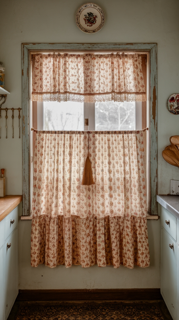 Embrace the effortlessly chic allure of vintage design. This kitchen's floral window treatment, complete with lace trim and a golden tassel, adds a touch of whimsical elegance to the rustic wooden window frame. The carefully curated details, from the decorative plate to the patterned rug, create a space brimming with character and warmth.