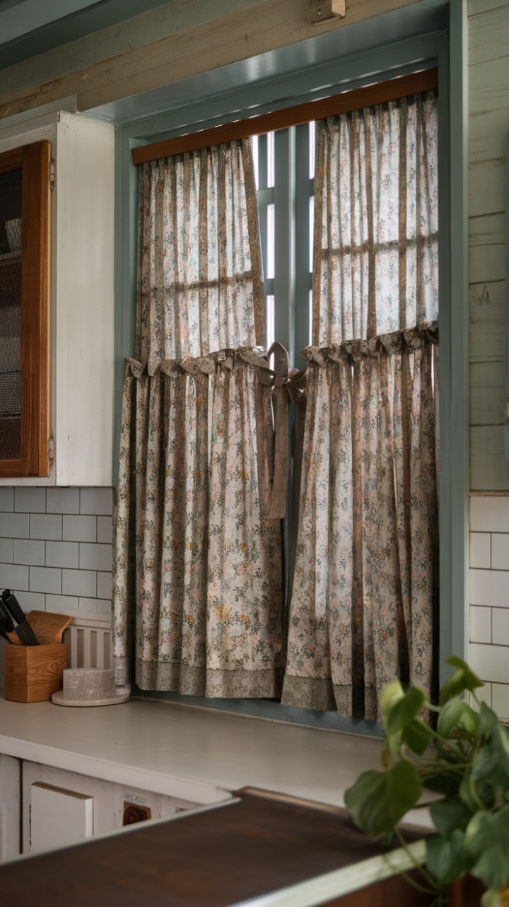 Embrace the allure of yesteryear in this idyllic vintage kitchen. Antique floral curtains, tied back with a delicate ribbon, frame a sun-drenched window, adding a touch of romantic whimsy to the space. The harmonious blend of pale blue walls, warm wood tones, and a vibrant green plant evokes a sense of peaceful nostalgia, making this kitchen a true sanctuary of old-fashioned beauty.