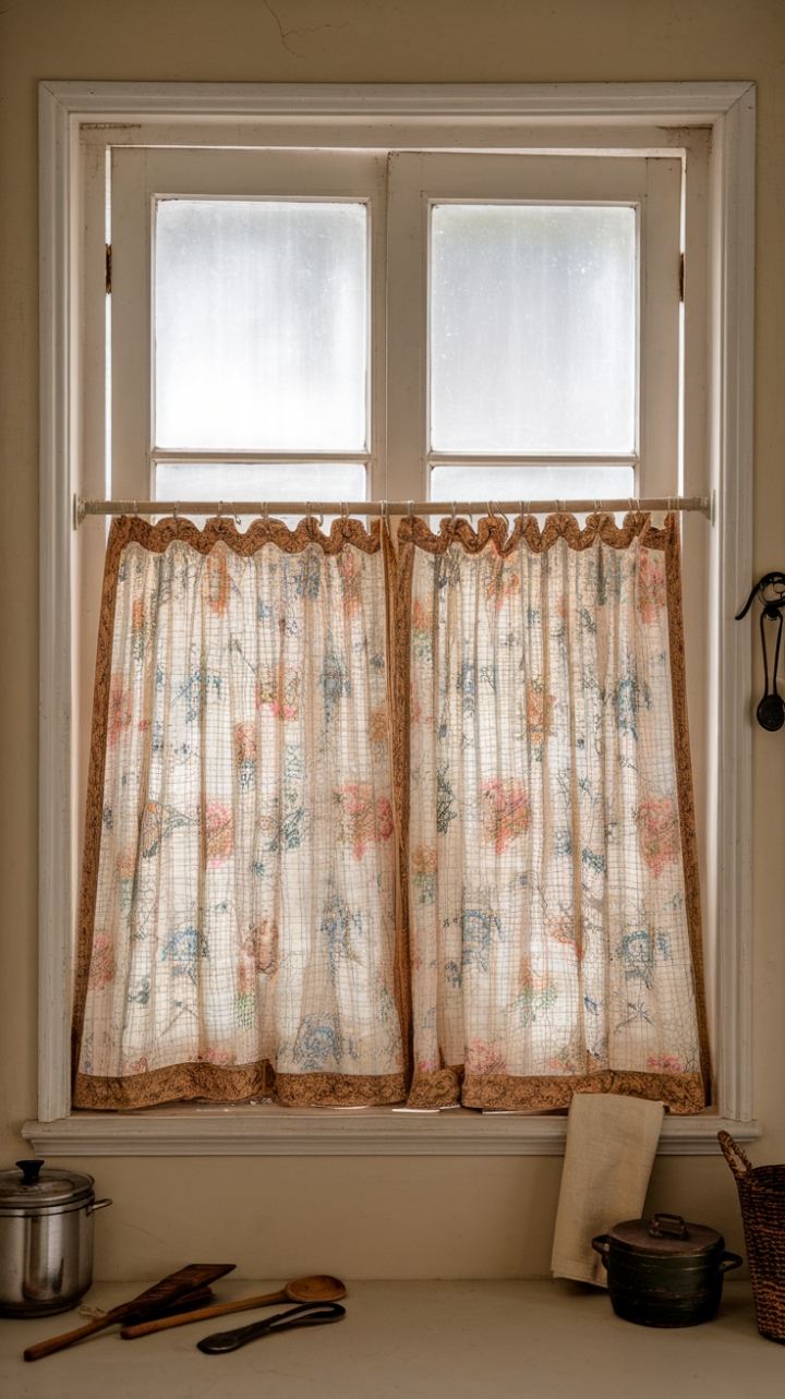 Step back in time with this charming vintage kitchen, where a floral curtain, tied back with effortless grace, frames a sun-drenched window. The soft beige walls and pale flooring create a tranquil backdrop for the pops of pink, blue, and green in the retro fabric, while a few carefully placed kitchen essentials add a touch of lived-in warmth. Pure nostalgic bliss.