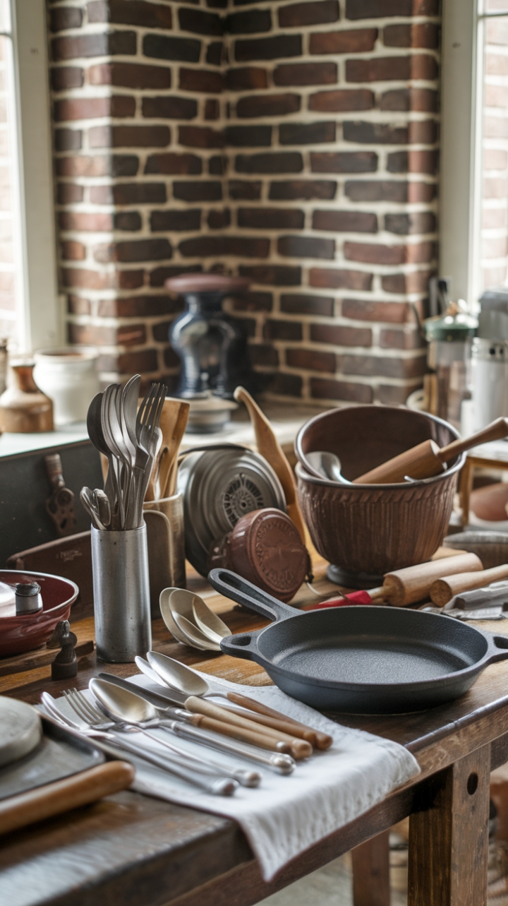 Embrace the allure of yesteryear in this captivating vintage kitchen. A rustic brick backdrop provides the perfect setting for a wooden table draped in crisp white, showcasing a delightful array of antique kitchen tools and cookware. The scene is a symphony of textures and tones – the smooth gleam of silverware, the rustic patina of a cast iron skillet, the warm grain of a wooden spoon – all contributing to a space that's both effortlessly stylish and deeply evocative of a bygone era.