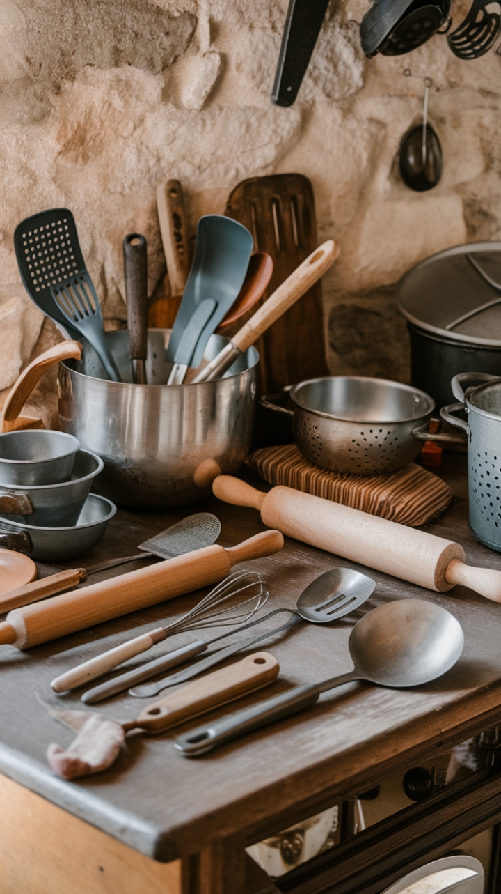 Ready to be transported? This vintage kitchen is a love letter to culinary history, where every antique piece tells a story. Imagine the clatter of retro cookware and the satisfying weight of old-fashioned gadgets in your hand. A rustic wooden table is the heart of the space, adorned with a curated collection of utensils – from a well-loved rolling pin to sturdy cast iron pans. Stainless steel gleams alongside warm wood and the timeless charm of cast iron, all set against the rugged beauty of a stone wall. It's a space that celebrates the art of cooking, past and present.