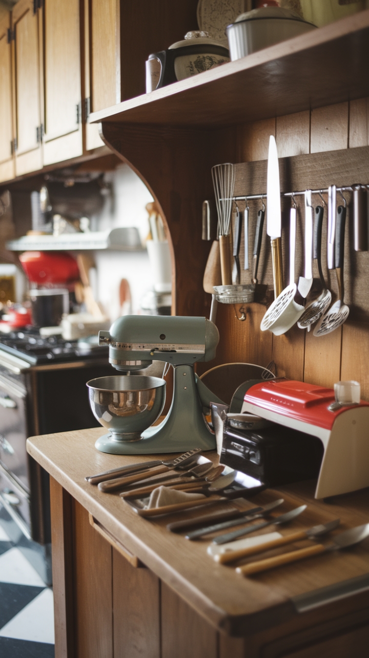 A charming vintage kitchen exudes nostalgic warmth with its timeless wooden cabinets and iconic black-and-white checkered floor. An eclectic display of antique and retro kitchen treasures—ranging from a retro mixer and vintage silverware to antique cutlery and classic tools—creates a curated tableau of culinary history. The wooden shelf showcases a delightful array of old-fashioned gadgets and colorful mixing bowls, inviting a sense of bygone eras and handcrafted craftsmanship. The softly blurred background hints at a well-loved stove and additional vintage accents, completing this cozy, character-rich culinary haven.