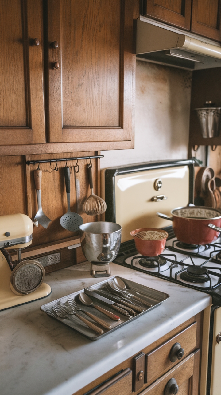 Step back in time with this vintage kitchen, where the scent of freshly baked bread mingles with the charm of yesteryear. Warm wooden cabinets, a gleaming marble countertop, and a collection of retro kitchen treasures create a nostalgic haven that whispers stories of family gatherings and cherished recipes. Every detail, from the antique cutlery to the hanging kitchen gadgets, speaks to a bygone era of timeless elegance and simple pleasures.