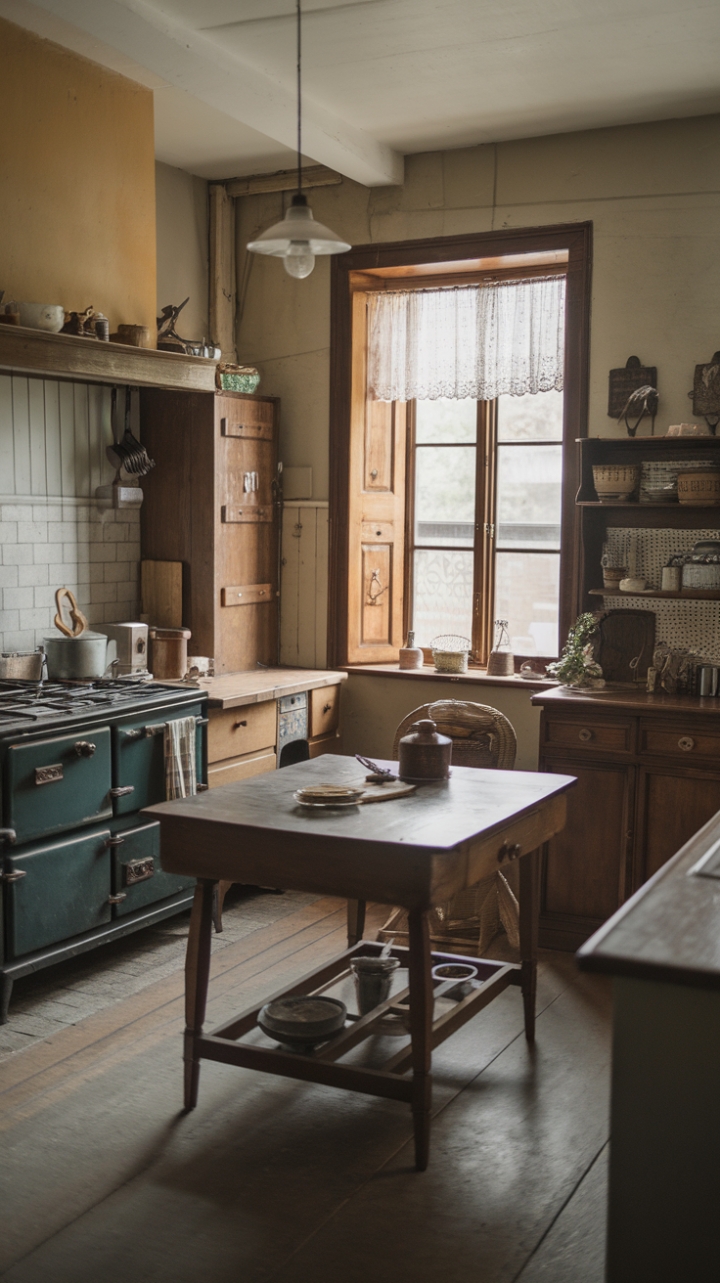A charming vintage kitchen exudes timeless warmth with its rustic wooden accents and antique charm. The central wooden table, adorned with a few carefully chosen items, invites nostalgic gatherings and quiet mornings. Wooden cabinets and a classic stove along the wall evoke a sense of bygone days, while the soft glow from the window with its delicate curtain bathes the space in inviting light. The warm wooden flooring completes this cozy, old-fashioned haven—an enchanting retreat that celebrates the beauty of rustic simplicity and cherished memories.