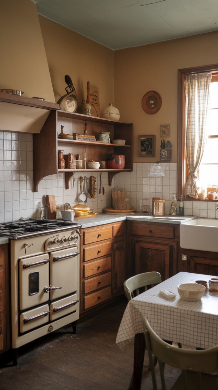 Embrace the allure of yesteryear in this breathtaking retro kitchen. Warm beige walls embrace the heart of the home, where a vintage stove and farmhouse sink take center stage. Wooden cabinets, a checkered tablecloth, and a delightful array of culinary essentials create a scene of nostalgic perfection, inviting you to linger and savor the simple pleasures of life.