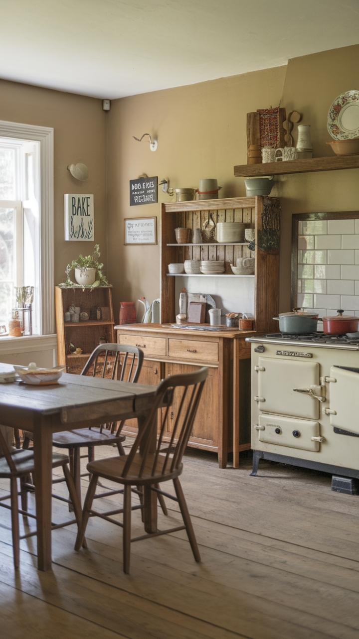 Escape to a haven of rustic charm in this vintage kitchen. The aged wood table and cabinetry, paired with a classic stove, create a space brimming with nostalgic appeal. A delightful array of cookware and dishes adds to the lived-in feel, while the "Bake Sale" sign promises delicious treats. This is more than just a kitchen; it's a story waiting to be told.