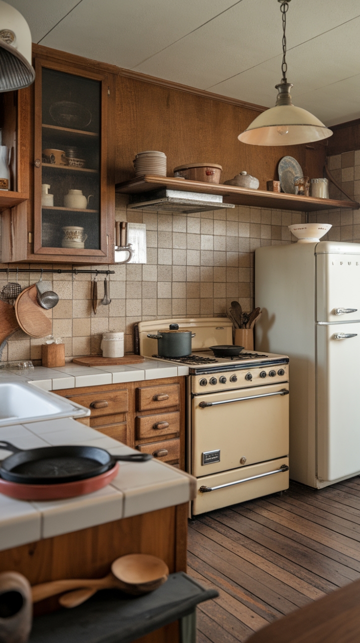 Embrace the cozy charm of yesteryear in this farmhouse-inspired kitchen. Beige tiles and warm wood floors create a rustic backdrop for vintage treasures, including a classic stove and a retro refrigerator. A vintage lampshade adds a touch of whimsy, while a ceramic coffee pot and cast iron skillets hint at the delicious stories this kitchen has yet to tell. Prepare to be captivated by the nostalgic atmosphere and timeless appeal of this beautifully preserved space.