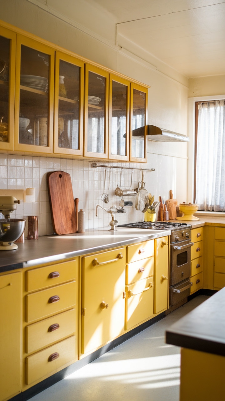 A charming vintage yellow kitchen radiates mid-century modern allure, where sunny sunlight floods through a window, casting a warm glow over crisp white walls and floors. Bright yellow cabinetry injects cheerful energy into the space, complemented by antique accents like a wooden cutting board and a retro mixer that evoke nostalgic elegance. This inviting culinary haven seamlessly blends playful color with timeless design, creating a vibrant yet cozy atmosphere perfect for both everyday moments and nostalgic reveries.