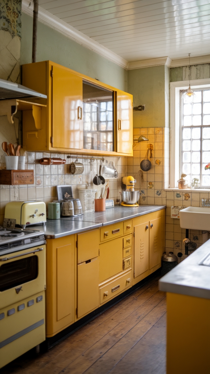 Ready for a sunshine-filled blast from the past? This vintage yellow kitchen is a delightful journey back in time, where cheerful cabinetry and a retro color palette create a space that's both nostalgic and utterly charming. Every detail, from the classic toaster and mixer to the decorative wall tiles and warm wood floor, speaks to a bygone era of effortless style. Natural light streams in through the window above the sink, illuminating a kitchen that feels lived-in, loved, and full of character. It's a perfect blend of mid-century cool and antique warmth.