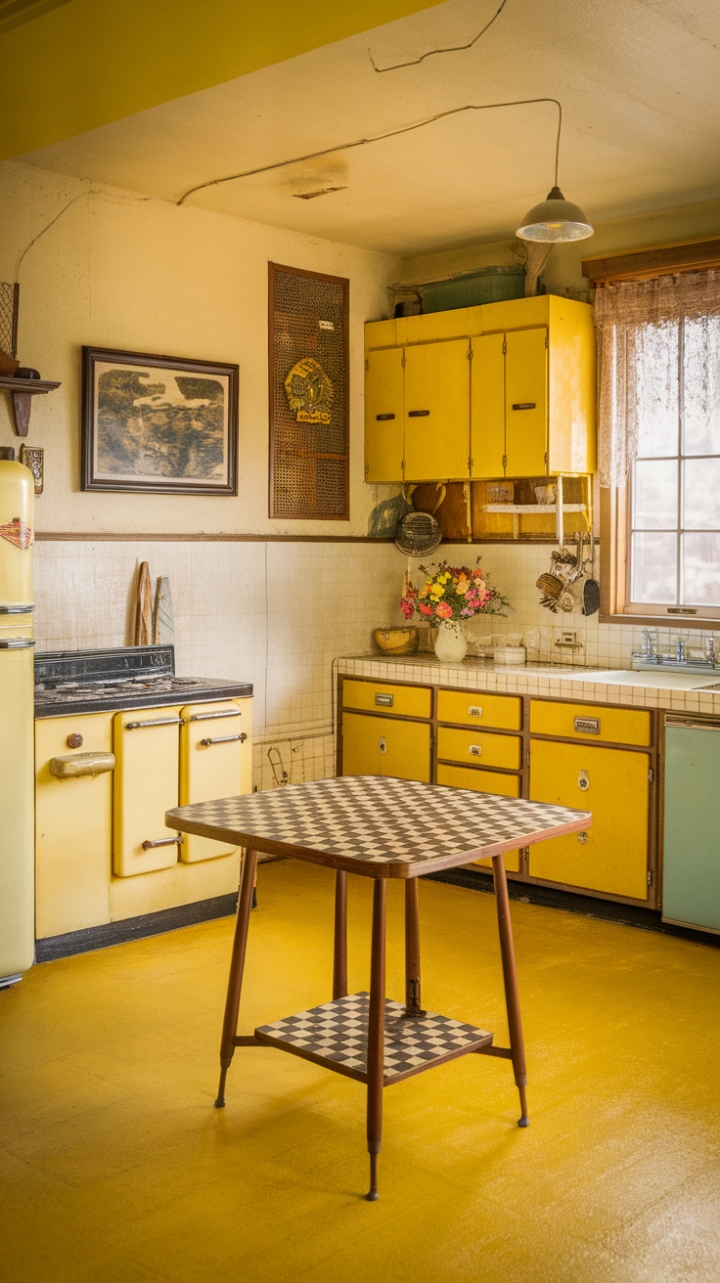 Ready for a dose of pure sunshine? This vintage yellow kitchen is a delightful trip back in time! Imagine whipping up a batch of cookies in this cheerful space, surrounded by the warm glow of the yellow cabinetry and that utterly charming sunny yellow floor. The checkered table is just begging for a cozy breakfast, and the walls, adorned with antique treasures like that framed landscape and a vase bursting with blooms, tell a story of a bygone era. Every detail, from the classic stove to the retro refrigerator, contributes to the wonderfully nostalgic, mid-century vibe. It's a kitchen that feels like a warm hug.