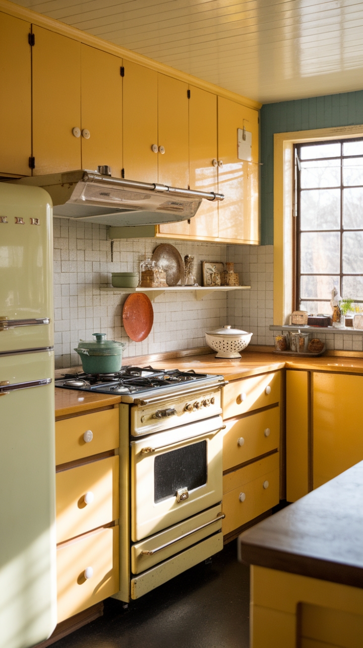 Ready for a little sunshine with your morning coffee? This retro yellow kitchen is a pure dose of mid-century joy! Imagine whipping up your favorite recipes surrounded by these cheerful yellow cabinets and that iconic vintage range. Every detail, from the charming ceramic dish to the classic colander, tells a story of a simpler, sunnier time. Bathed in natural light, this space feels instantly warm and inviting, a perfect blend of nostalgic charm and vibrant energy. It's a kitchen that truly makes you smile.