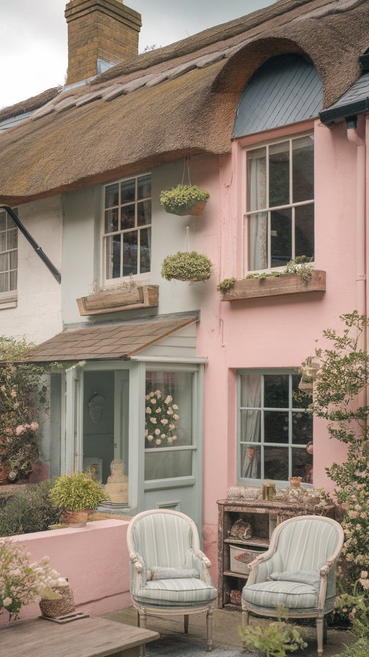 Step into a Fairytale: This vintage English cottage, painted in the softest pastels and topped with a charming thatched roof, whispers stories of bygone eras. Rustic charm and country decor blend seamlessly, creating a cozy, shabby-chic interior that invites you to linger. A quaint garden cottage adds to the idyllic scene, making this historic home a true sanctuary.
