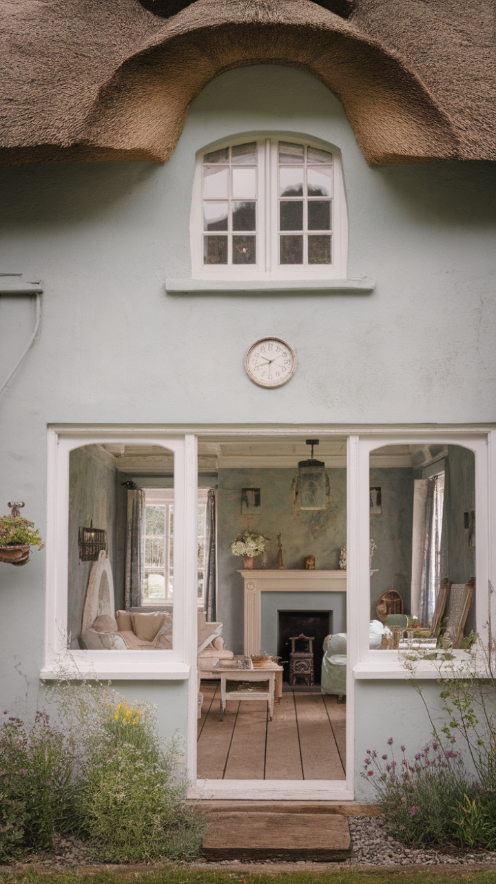 Step into a Fairytale: This vintage English cottage, painted a dreamy soft blue, whispers tales of rustic charm and country coziness. Thatched roof, period details, and a riot of blooming flowers create an idyllic scene, while inside, a shabby-chic interior with a crackling fireplace promises warmth and serenity. Prepare to be enchanted.