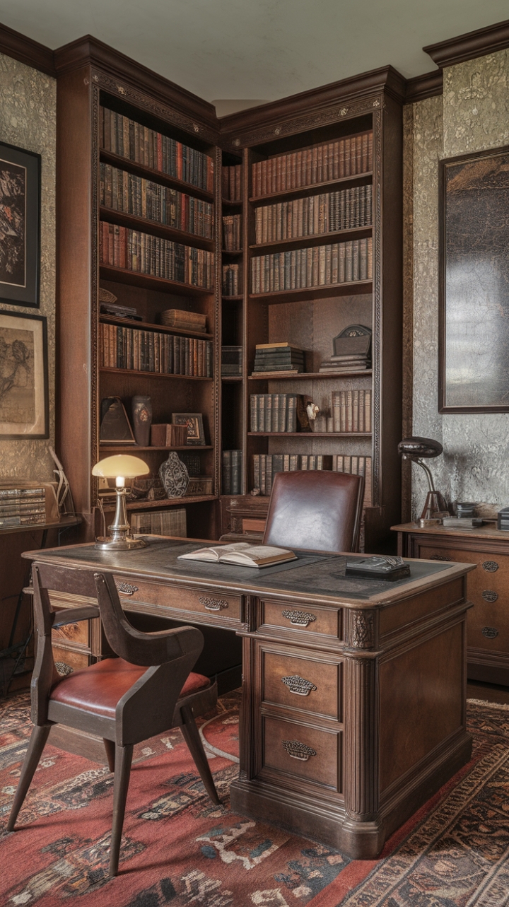 Escape the ordinary in this exquisitely styled retro study. Antique details abound, from the rich patina of the wooden desk to the inviting leather chair promising hours of productive bliss. A curated collection of books, artwork, and a vintage map adorn the walls, whispering tales of adventures past and future. This isn't just an office; it's a portal to a bygone era of refined elegance and timeless style.