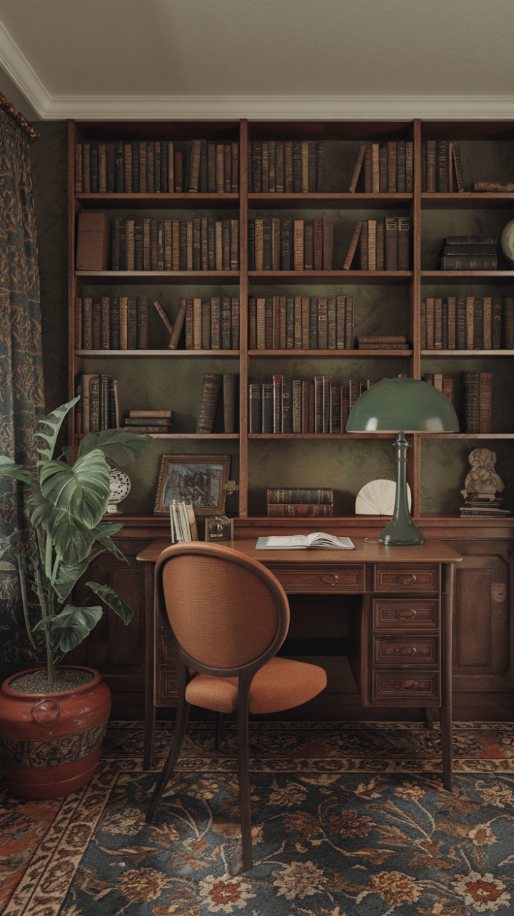 Escape the ordinary in this exquisitely curated vintage study. Antique details, from the warm wood tones of the desk and chair to the charming green lampshade, create a captivating atmosphere. A well-loved bookshelf overflows with literary treasures, promising hours of blissful reading. The carefully chosen accessories, including a vibrant potted plant, complete this perfectly styled and undeniably chic retro workspace.