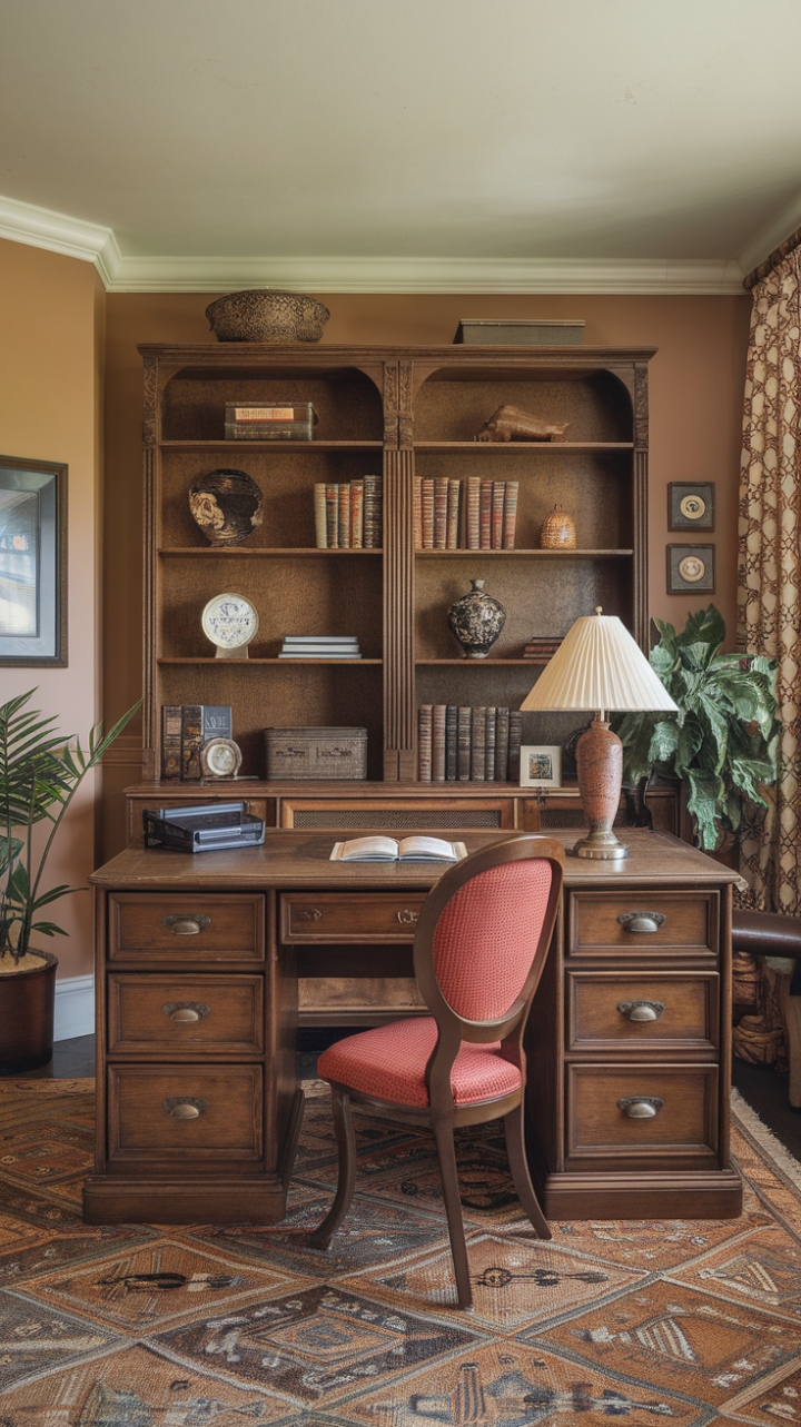 Escape the ordinary in this nostalgic home office, a sanctuary of refined vintage style. Rich wood tones, a thoughtfully arranged bookshelf, and a plush armchair promise hours of focused work or quiet contemplation. Every detail, from the patterned rug to the verdant plant, contributes to an atmosphere of timeless elegance and effortless sophistication.
