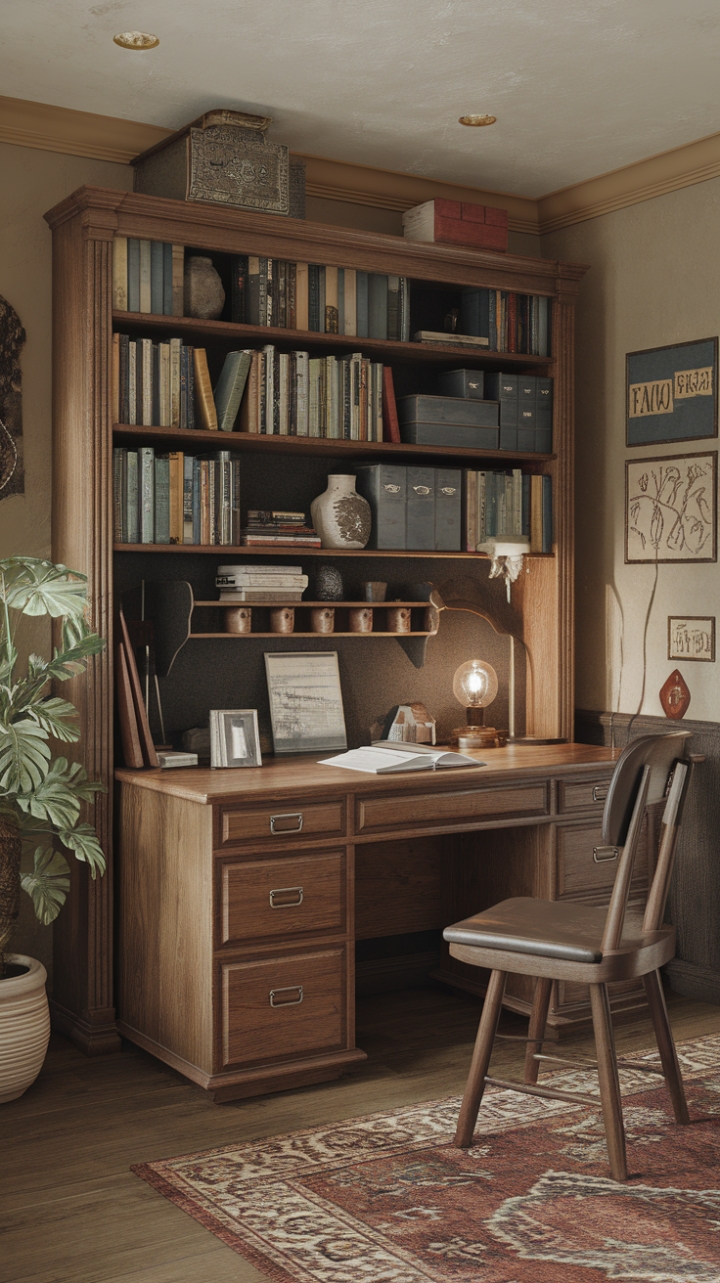 Escape the ordinary in this nostalgic haven, a vintage study brimming with old-world charm. The rich tones of the wooden desk and floor are beautifully offset by the soft beige walls, creating a calming and productive atmosphere. A curated collection of books, a vintage lamp casting a warm glow, and a touch of greenery add personality and warmth to this meticulously styled space. It's a sanctuary for the soul, a place where ideas take flight and inspiration flourishes.