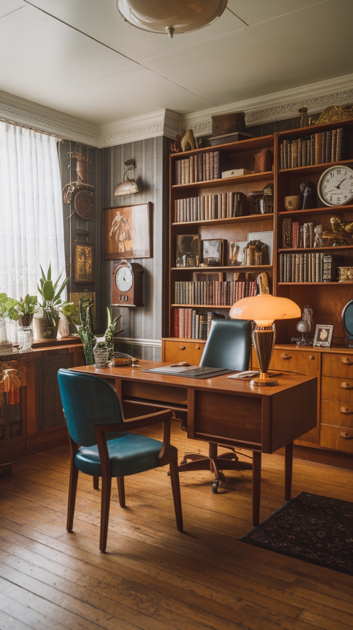 Step into this charming vintage home office, where retro-inspired decor creates a warm and inviting atmosphere. The rich wooden desk and classic chairs invite productivity, while the bookshelf brimming with antique books and collectibles adds a touch of nostalgic elegance. A vintage lamp casts a soft glow over the workspace, complemented by a lush plant near the window that brings a breath of fresh air. Walls adorned with old-fashioned artwork and a timeless clock evoke a sense of history and character, all set against a warm wooden floor that grounds the space in timeless style.