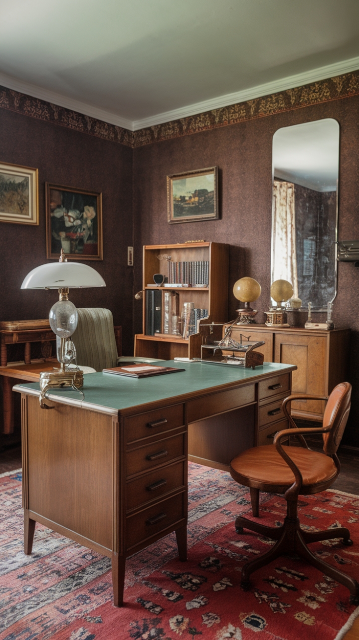 Step back in time with this vintage home office, where mid-century charm meets modern functionality. A rich green desk anchors the space, adorned with antique treasures and bathed in soft, inviting light. The patterned rug, curated artwork, and plush chair complete this effortlessly stylish and inspiring workspace.