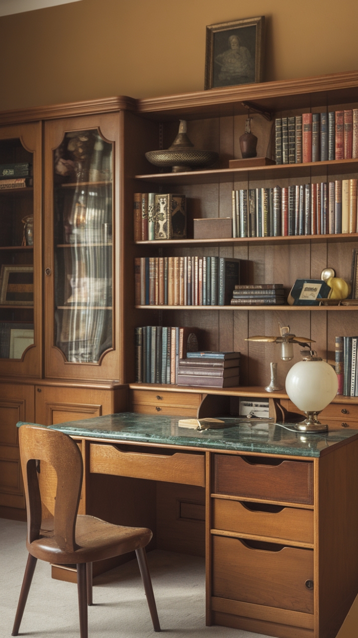 Ready to be transported? This home office is a love letter to the past, a curated haven where vintage charm meets modern productivity. Imagine settling into that gorgeous curved-back chair at a wooden desk crowned with a cool, green marble top – a touch of unexpected luxury. The warm beige walls create a cozy embrace, while the overflowing bookshelf, a treasure trove of stories and antique finds, whispers tales of bygone eras. And that vintage lamp? It casts a warm, inviting glow, perfect for late-night inspiration or simply losing yourself in a good book. This is more than just a workspace; it's a sanctuary for creativity and contemplation.