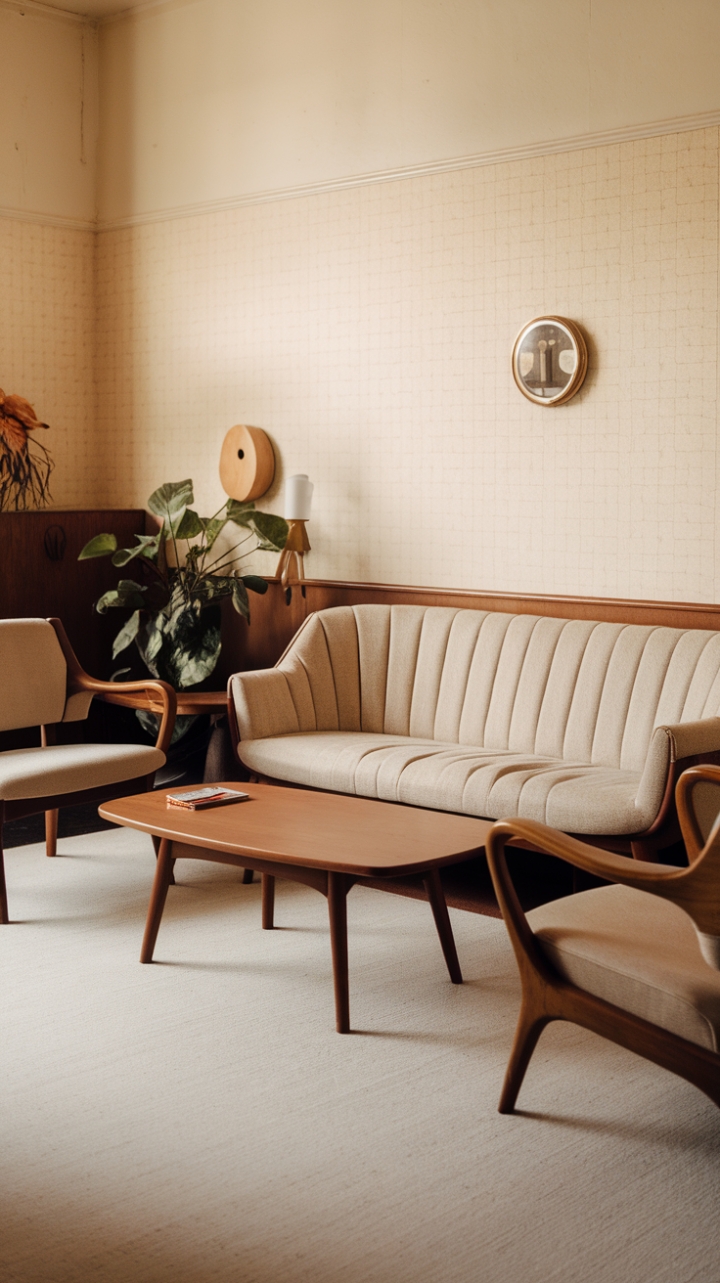 Step back in time with this mid-century modern dream. Curved lines, warm hues, and a touch of retro charm create a living room that's both effortlessly stylish and incredibly inviting. The perfect blend of vintage finds and modern comfort awaits.