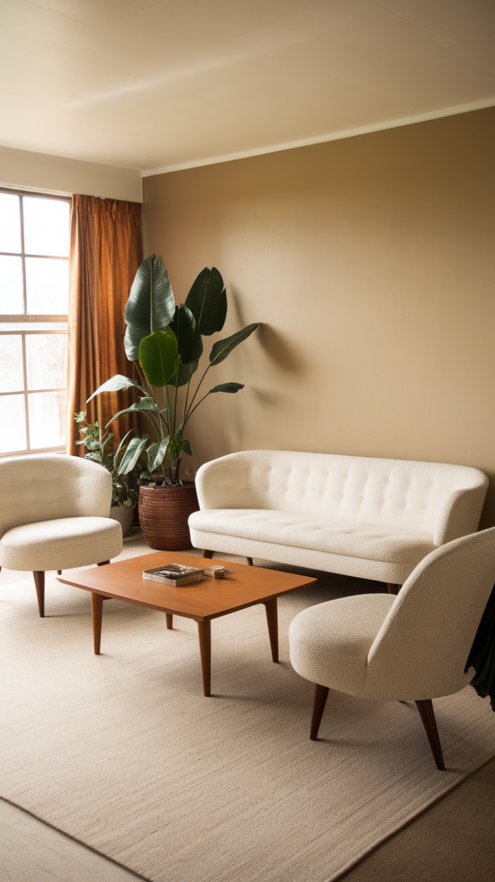 Step into a haven of mid-century modern elegance. Creamy walls and a plush white sofa, accented by curvaceous armchairs, create a serene atmosphere. A rich wooden coffee table anchors the space, while a verdant plant adds a touch of nature's vibrancy. The overall effect? Effortless sophistication, perfectly capturing the timeless appeal of vintage design.