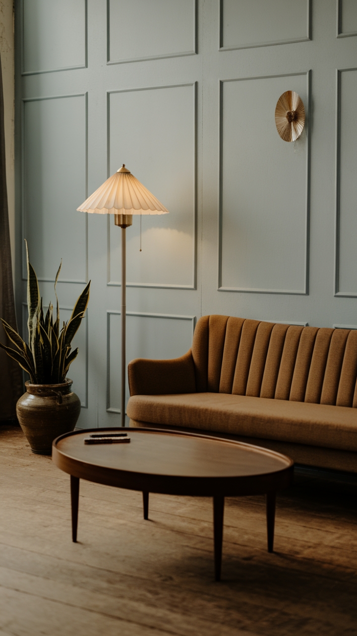 Ready for a trip back in time? This mid-century haven is a masterclass in understated cool. Imagine sinking into that iconic curved sofa, the perfect spot to admire the clean lines of the circular coffee table and the sculptural beauty of the tapered lamp. Against the calming light blue walls and warm wood floors, each piece feels thoughtfully placed, creating a space that's both inviting and undeniably chic. It's a minimalist dream with a retro soul, where every detail, right down to the potted plant, contributes to a feeling of effortless style.