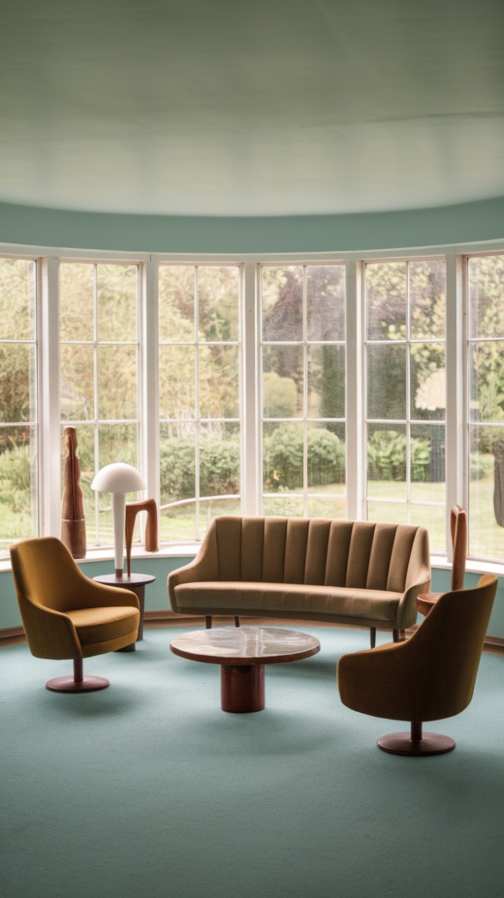 Step into this enchanting vintage mid-century modern living room where retro charm meets timeless elegance. The gracefully curved sofa and matching armchairs invite relaxation, their sleek lines complemented by a charming circular coffee table that anchors the space. Soft light filters through expansive windows, revealing a lush green garden that brings a breath of nature indoors. Warm accents, including a ceramic lamp and a handcrafted wooden sculpture, add personality and warmth to the serene light blue walls. This space captures the perfect blend of nostalgic design and tranquil sophistication, making it a captivating retreat for both style and comfort.