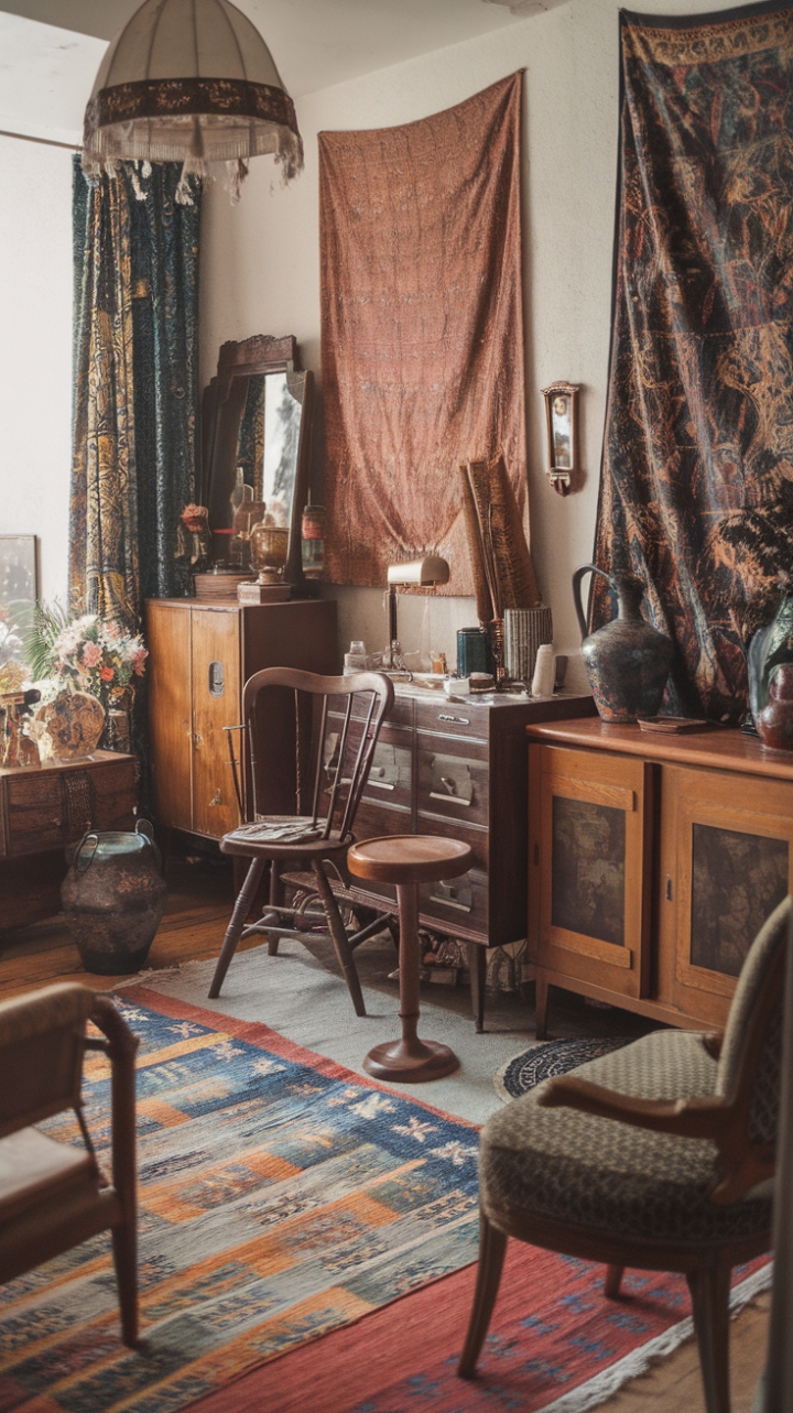 Immerse yourself in this vintage-inspired haven, where bohemian spirit and retro sophistication collide. The room’s carefully curated antique furniture, textured textiles, and vintage accessories craft a cozy, layered aesthetic that exudes personality and charm. The tapestry and patterned rug introduce a splash of color and pattern, while the vintage lampshade and mirror add a touch of nostalgic glamour. It’s a beautifully curated retreat that celebrates eclectic style and timeless elegance, inviting you to experience a space full of character and warmth.