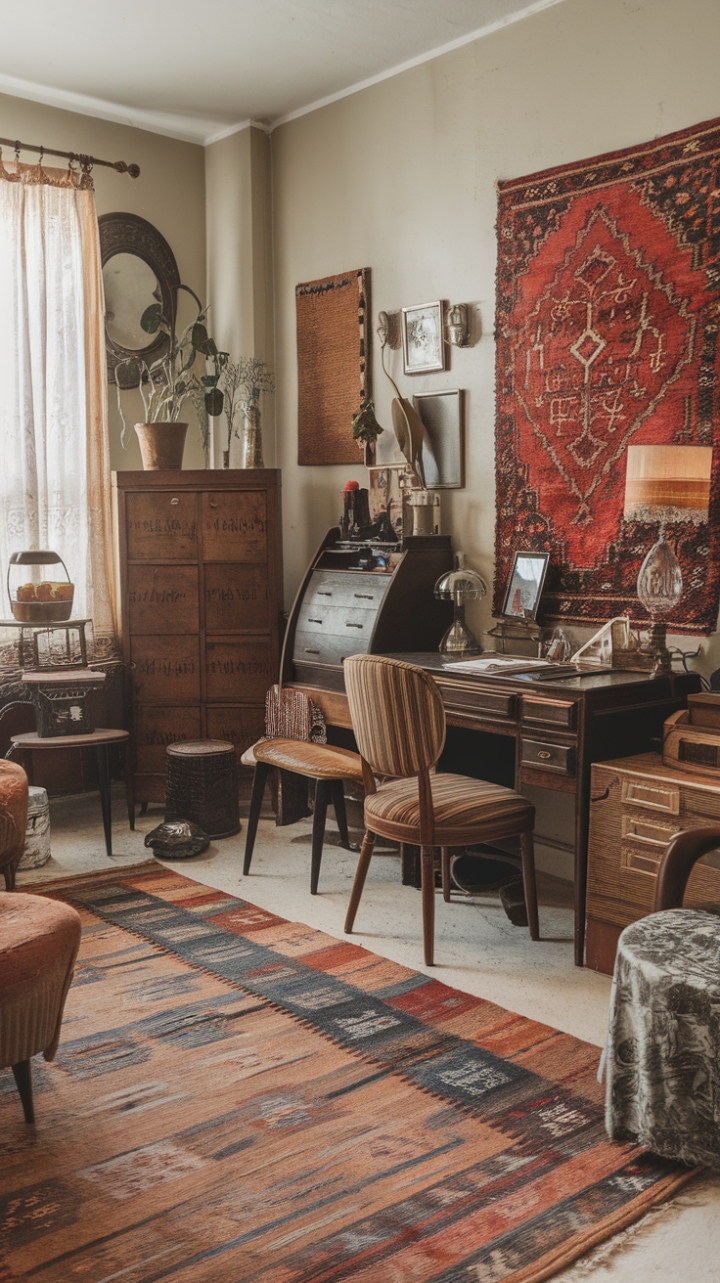 Step into a vibrant sanctuary where bohemian charm meets retro elegance. This eclectic vintage haven features a beautifully worn vintage rug that anchors the space, complemented by antique furniture pieces—a charming desk, an inviting chair, and a classic cabinet—that tell stories of eras gone by. The light-colored walls provide a perfect backdrop for a rich mix of textures, from warm wood and cool metal to soft fabrics, creating a layered, tactile experience. Vintage accessories like a nostalgic lamp, a cherished photo frame, and a quirky plant pot add personality and charm, culminating in a space that exudes vintage and retro chic with effortless style.