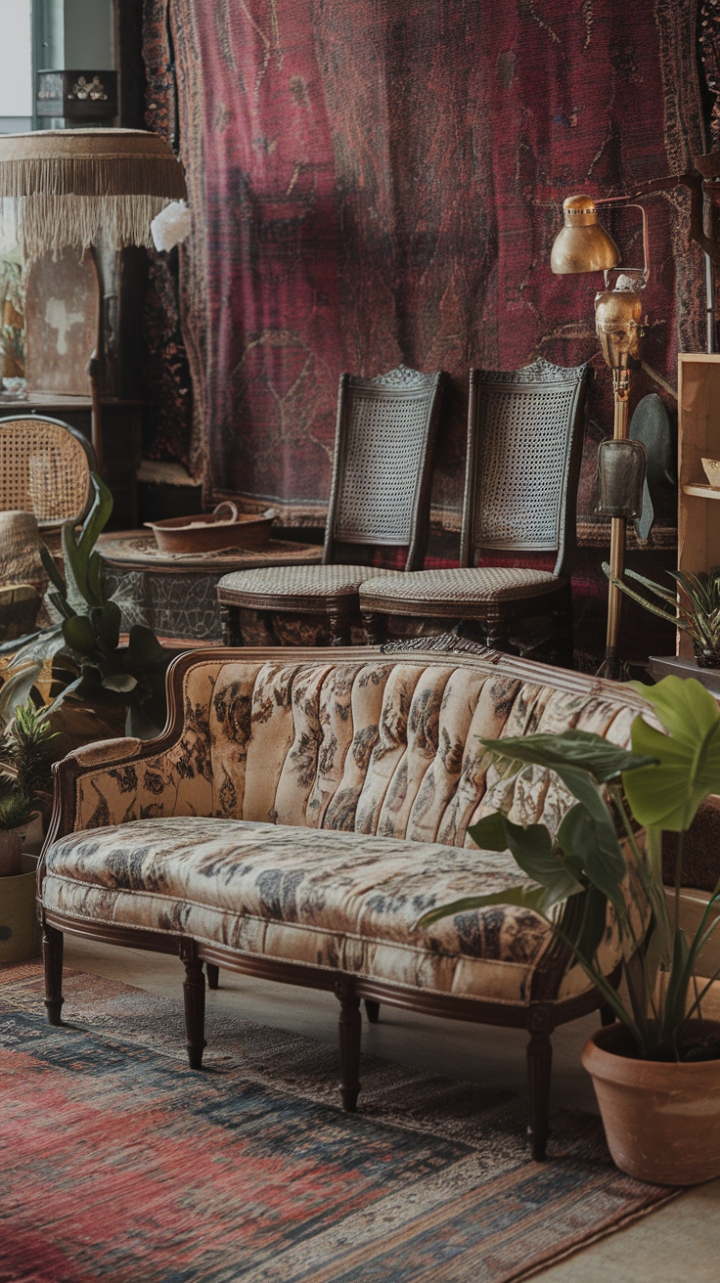 Step into a charming haven where vintage elegance meets bohemian flair. The floral-patterned sofa invites you to relax amidst an eclectic mix of antique carved chairs and textured rugs, creating a layered, inviting atmosphere. Potted plants and a fringed lampshade add a touch of earthy warmth, while vintage accessories like a brass lamp and wooden tray infuse the space with nostalgic charm. This retro chic sanctuary celebrates a harmonious blend of textures and styles, making every corner a delightful discovery.