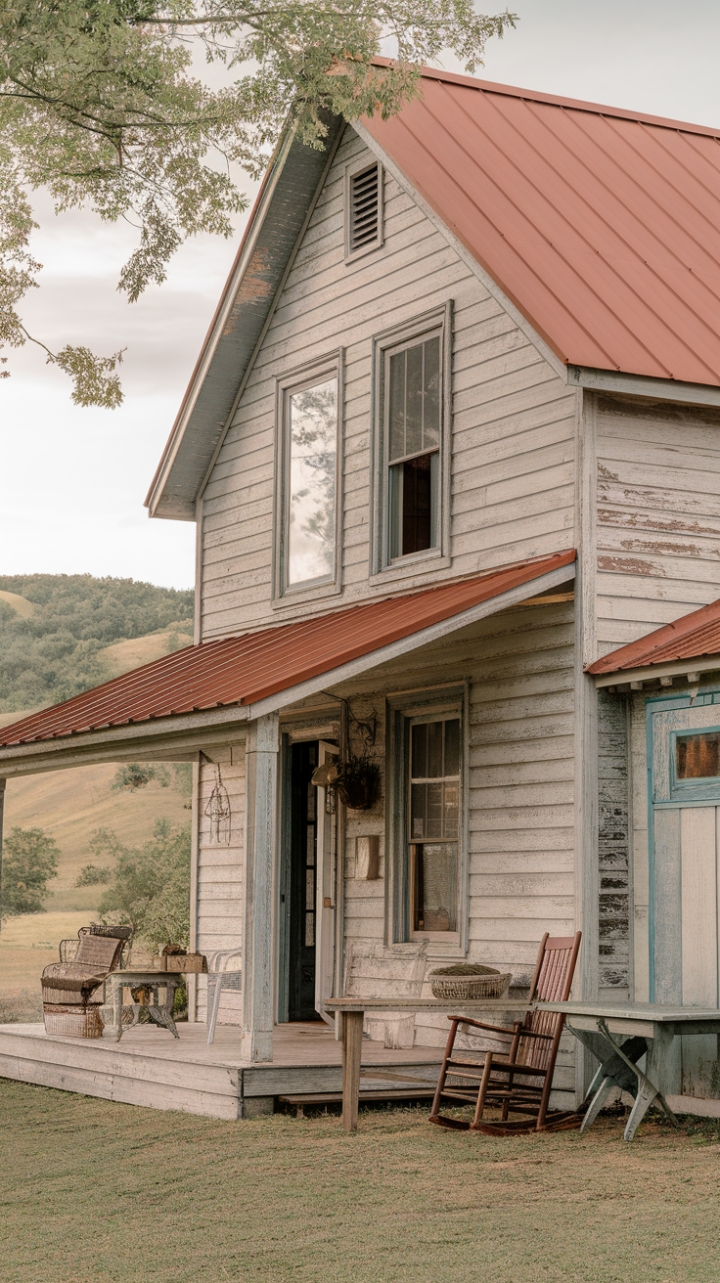 A charming rustic farmhouse exudes timeless appeal with its weathered wood siding and a warm rust-colored roof, embodying a perfect blend of vintage charm and shabby chic elegance. Outside, vintage furniture pieces—a cozy rocking chair and a quaint table—invite moments of relaxation amid the serene landscape of rolling hills and lush trees. The distressed, antique finish of the exterior complements the nostalgic ambiance, creating a picturesque retreat that celebrates rustic authenticity and effortless charm.