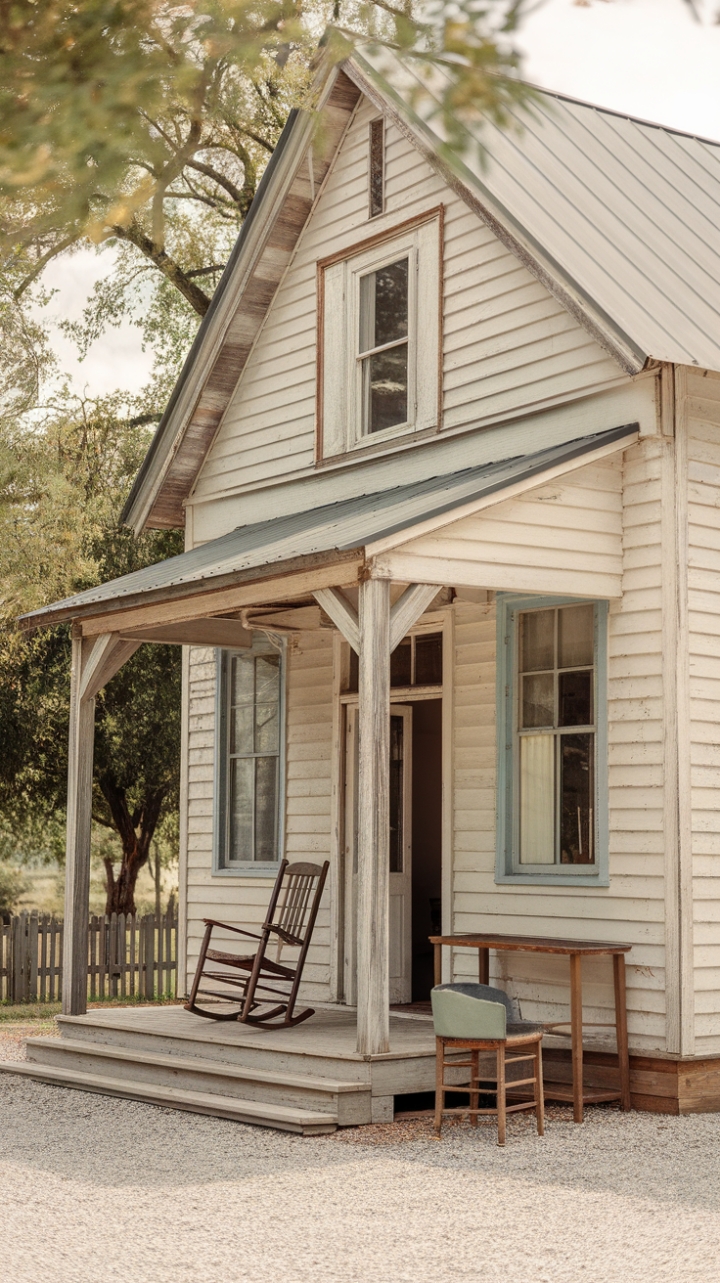 A charming vintage farmhouse exudes timeless appeal with its distressed white façade and exposed wooden beams, embodying a perfect blend of rustic charm and shabby chic elegance. Outside, weathered vintage furniture—a cozy rocking chair and a quaint table—invite leisurely moments amid a gravel-strewn yard. Surrounded by lush trees and a simple fence, the scene is bathed in soft, gentle light, creating an inviting atmosphere that celebrates nostalgic comfort and rustic sophistication.