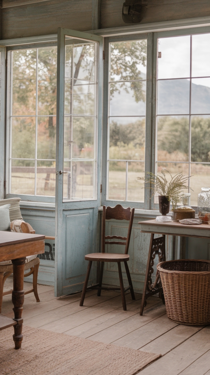 A charming rustic farmhouse exudes timeless appeal with its distressed antique finish and shabby chic accents. Vintage wooden furniture, including a cozy chair and a sturdy table, invites warmth and nostalgia, while a woven wicker basket adds a touch of handcrafted charm. The serene landscape backdrop of rolling hills, lush trees, and distant mountains enhances the tranquil, countryside ambiance, creating a perfect retreat that celebrates rustic elegance and vintage allure.