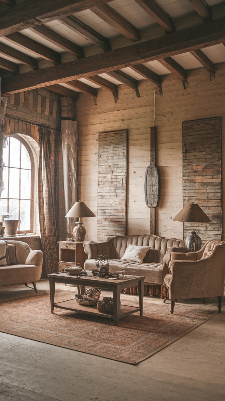 Embrace the allure of a bygone era in this exquisitely styled farmhouse. Distressed textures, a captivating blend of shabby chic and rustic elements, and a thoughtfully chosen palette of warm beiges, browns, and greys create a space that is both inviting and undeniably stylish. The vintage rug anchors the room, adding a touch of playful nostalgia to this perfectly imperfect sanctuary.