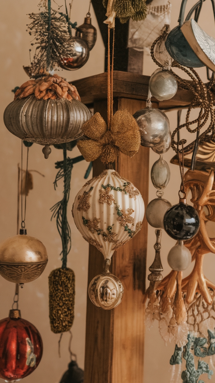 A symphony of shimmering nostalgia! This curated collection of antique ornaments, boasting retro embellishments and heirloom details, transforms a simple wooden stand into a captivating display. Imagine the stories these cherished decorations could tell – a perfect blend of vintage charm and holiday magic against a subtly elegant beige wall.