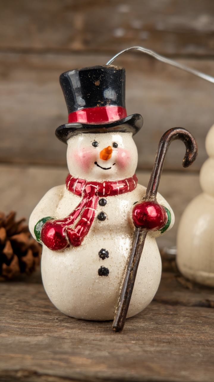 Remember that feeling of unwrapping a cherished ornament, the one that tells a story? This little snowman, with his jaunty top hat and dapper cane, brings back all those warm, nostalgic vibes. Resting on a beautifully aged wooden surface, he's a sweet reminder of holidays past and the simple joys of the season.