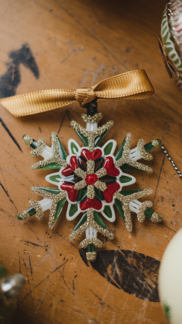 A charming vintage snowflake ornament, crafted from delicate glass with intricate red, green, and white patterns, is beautifully accented by a shimmering gold ribbon. Resting on a rustic wooden surface adorned with subtle scratches and a collection of other nostalgic ornaments, this piece exudes timeless holiday elegance and nostalgic warmth.