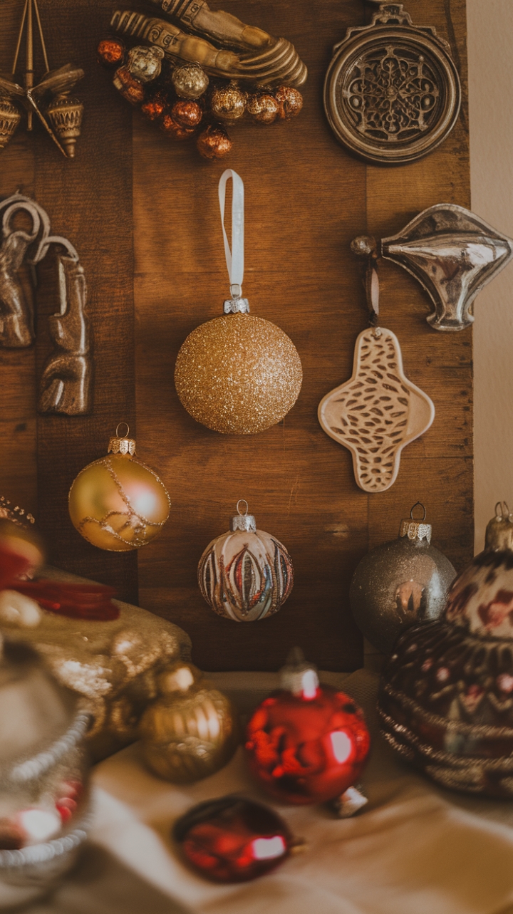 Unwrap the magic of yesteryear with this breathtaking collection of antique ornaments. From classic glass baubles to whimsical retro embellishments, each heirloom piece radiates a unique warmth and character. Displayed on a rustic wooden board, this nostalgic scene is a perfect blend of vintage charm and festive spirit, ready to adorn your home with timeless elegance.