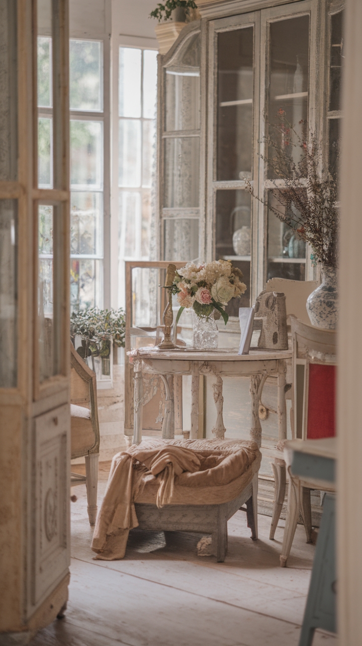 Step into a haven of rustic charm where time stands still. Weathered wood whispers tales of bygone eras, while soft lighting dances across distressed furniture and antique treasures, creating a space that's both effortlessly chic and deeply comforting. Every detail, from the faded floral patterns to the subtly worn textures, speaks to a life lived fully and beautifully.