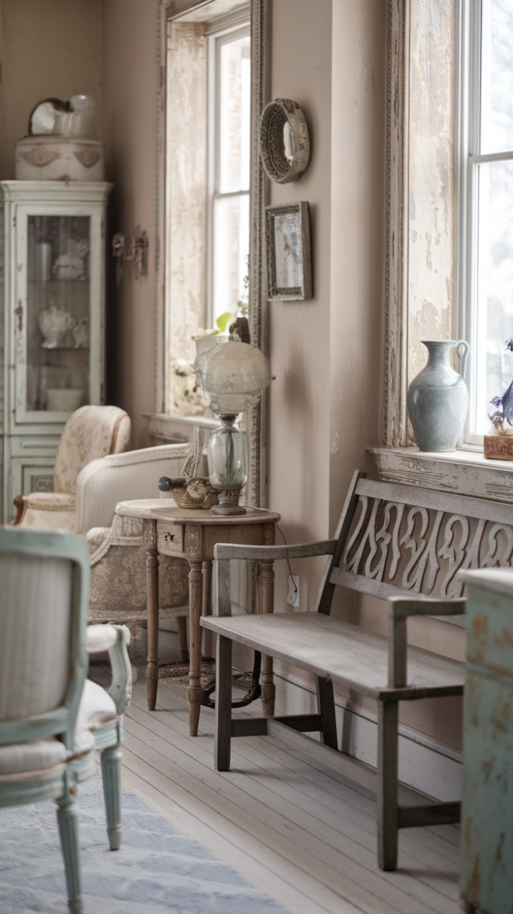 Embrace the captivating allure of shabby chic in this vintage-inspired retreat. Weathered textures and antique treasures create a space that's both effortlessly stylish and deeply comforting. A rustic wooden bench invites you to linger, while vintage accessories add a touch of nostalgic elegance to this charming cottage escape.