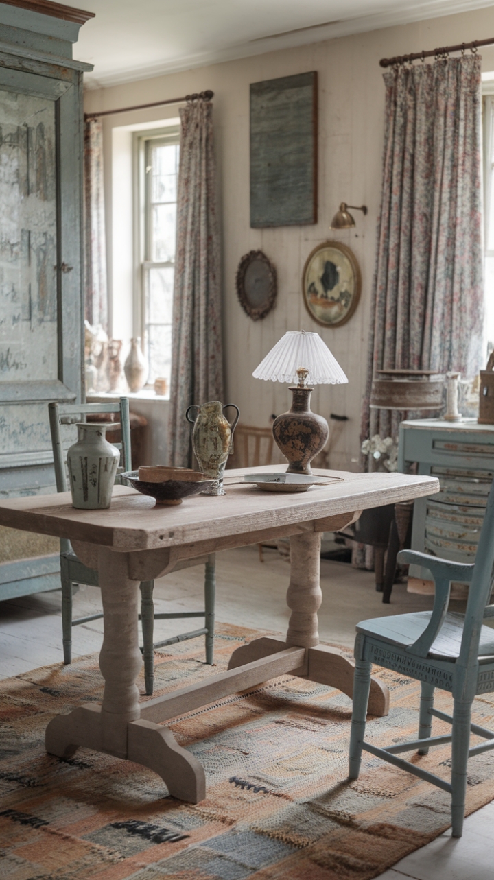 Embrace the beauty of imperfection in this charming shabby chic retreat. Distressed furniture and antique accents create a captivating blend of rustic elegance and cozy cottage style. A vintage rug softens the weathered wooden floor beneath a rustic table, styled with carefully curated vintage accessories. This room is a testament to the enduring allure of vintage finds and the art of creating a space that feels both lived-in and utterly enchanting.
