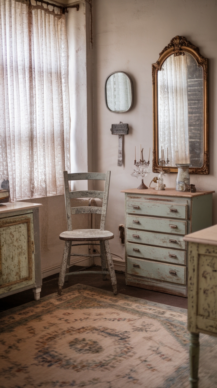 Step into a haven of faded elegance where time stands still. Distressed furniture whispers tales of bygone eras, nestled amongst antique treasures and a floral rug that blooms with vintage charm. Sunlight streams through lace-trimmed windows, illuminating a gilded mirror and the gentle wear of cherished pieces, creating a cottagecore dream.