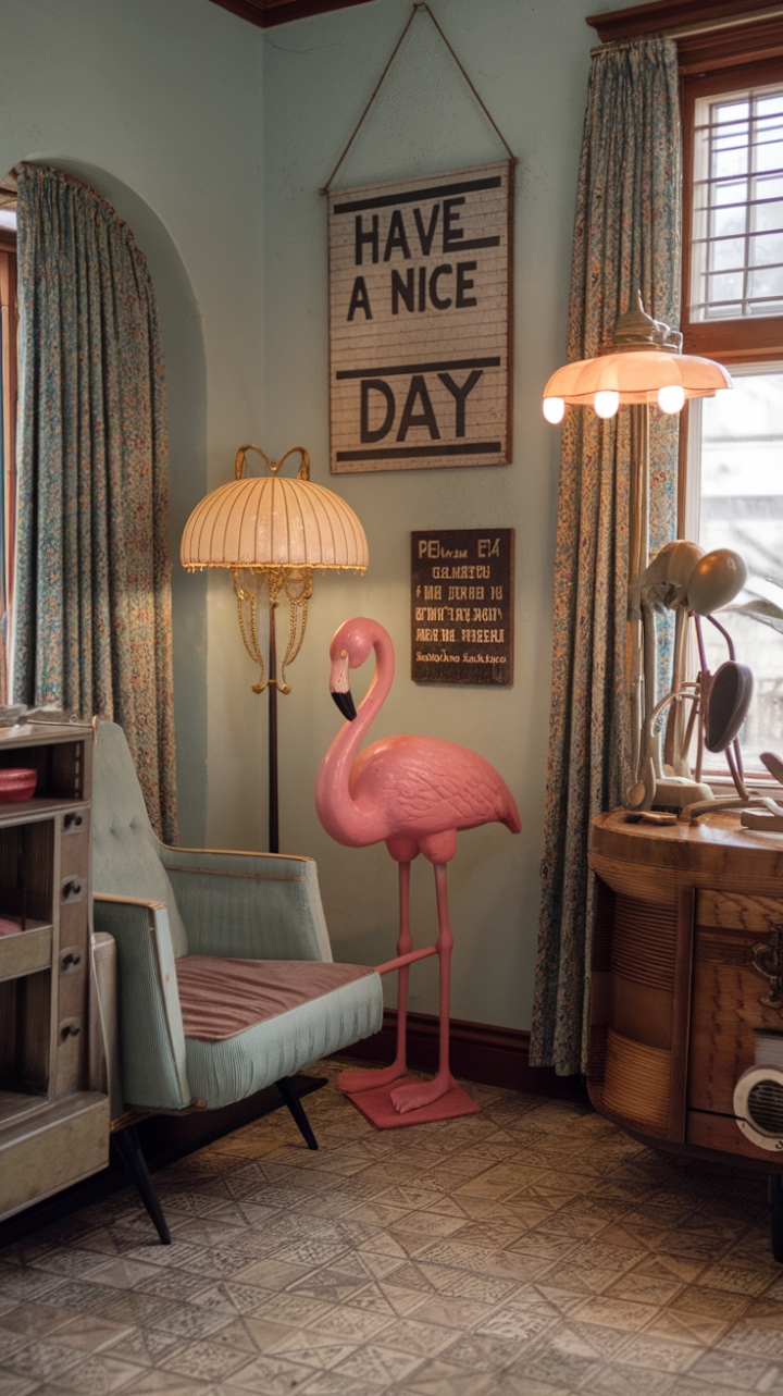 Ready for a trip down memory lane? This room is a delightful explosion of vintage kitsch, a playful embrace of all things retro. Imagine stepping into a time capsule where a cheerful pink flamingo stands guard, a lamp with a dramatic shade casts a warm glow, and a friendly "Have a nice day" sign welcomes you. Against a backdrop of soothing light blue walls and a charming patterned tile floor, antique-style furniture and quirky collectibles create a space that's bursting with personality and pure, unadulterated retro charm. This is a room that doesn't take itself too seriously, inviting you to smile and soak in the nostalgia.