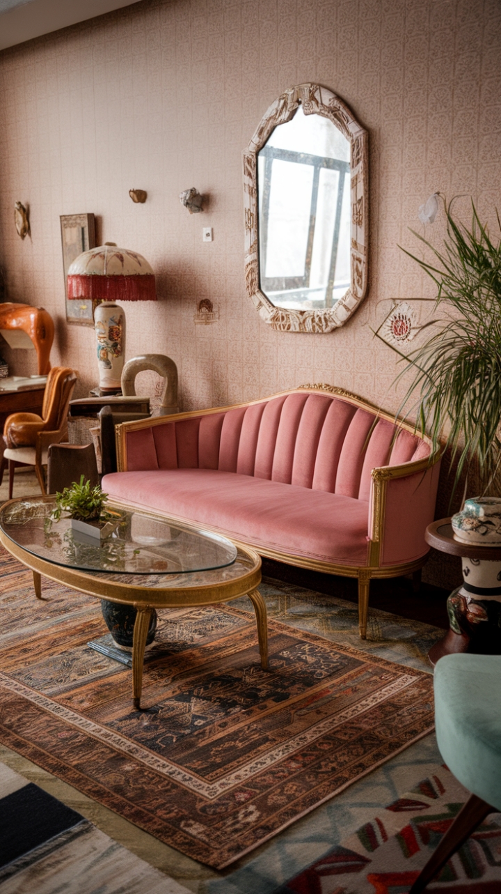 Ready for a dose of pure, unadulterated joy? This room is a love letter to playful nostalgia, a vibrant embrace of vintage kitsch and retro charm. Sink into the plush embrace of that pink velvet sofa, its gold accents winking like a secret invitation. A glass-topped wooden table stands ready for your favorite cocktail, while a leafy friend adds a touch of life. Above, a magnificent gold-framed mirror reflects the room's delightful energy, bouncing light and personality. Beneath your feet, a patterned rug anchors the space with a burst of color and texture. Look closer, and you'll discover a treasure trove of vintage delights – a lamp with a whimsical ceramic shade, a characterful wooden chair, a charming ceramic vase. This is a space that doesn't take itself too seriously, a celebration of individuality and the enduring appeal of all things retro. It's a room that makes you smile.