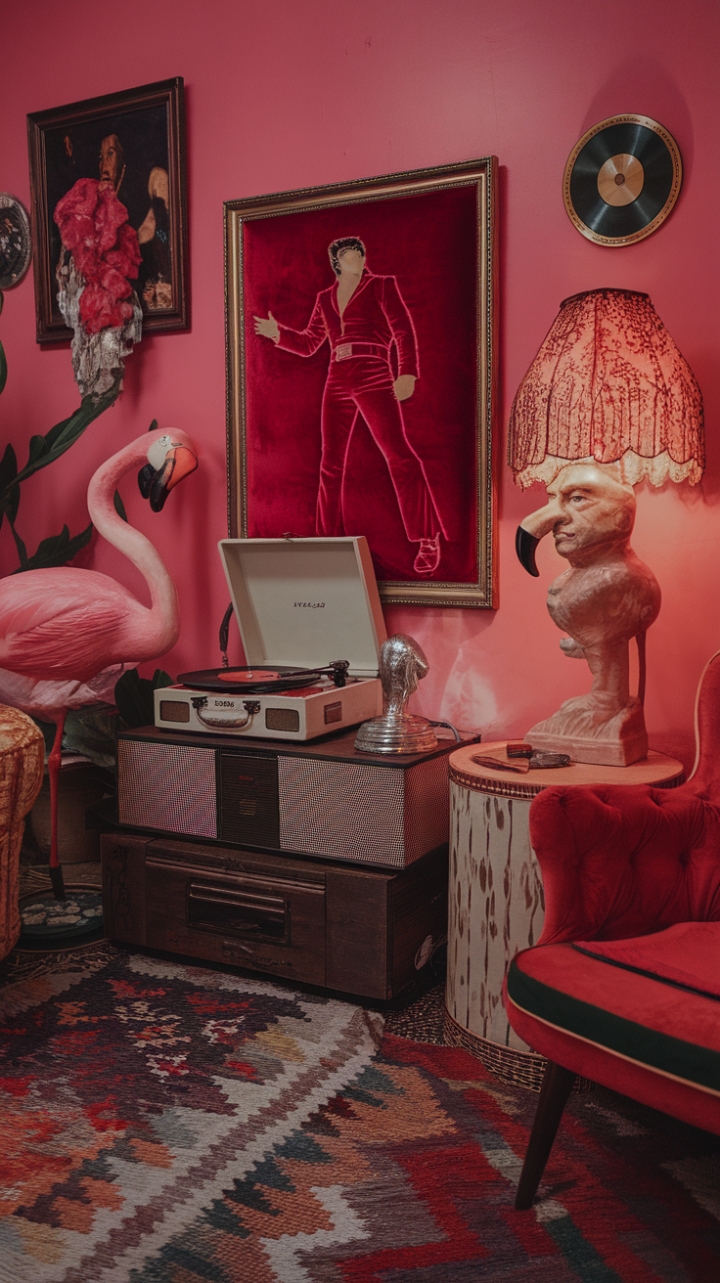 Ready for a trip down memory lane? This room is a vibrant explosion of vintage kitsch, where every corner tells a story. Bright pink walls set the stage for a playful collection of treasures, from a velvet Elvis keeping watch to a cheerful pink flamingo adding a touch of tropical whimsy. A classic record player promises nostalgic tunes, while a lamp with a face-shaped shade adds a delightfully quirky touch. Grounded by a patterned rug, this space is a cozy, charming embrace of retro design and pure, unadulterated fun.