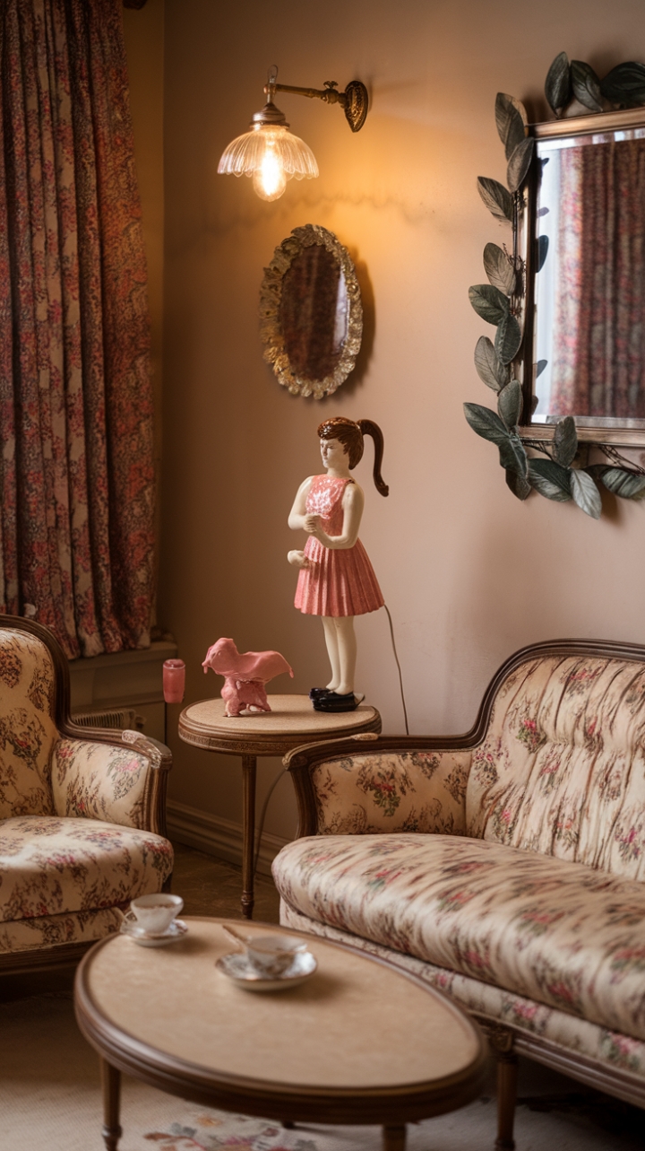 Step back in time with this charming vintage haven, where a girl-shaped lamp casts a whimsical glow on floral sofas and a pink elephant tea set. Every quirky detail, from the leaf-framed mirror to the retro coffee table, whispers tales of nostalgic elegance. Prepare to be captivated by this cozy retreat's irresistible blend of kitsch and comfort.
