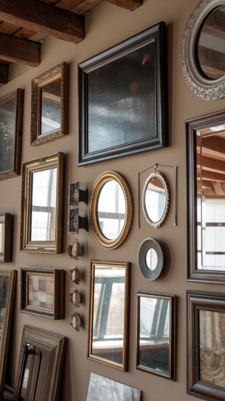 Ready to be transported? This vintage gallery wall is a masterclass in curated charm. Against a warm beige backdrop, a captivating collection of antique treasures unfolds. Paintings with stories to tell, mirrors reflecting a bygone era, and vintage frames holding whispers of the past are arranged in a delightful dance of vertical, horizontal, and angled placements. The rustic embrace of the room, with its exposed wooden beams, provides the perfect stage for this artful display. It's a space that feels lived-in, loved, and utterly inspiring.