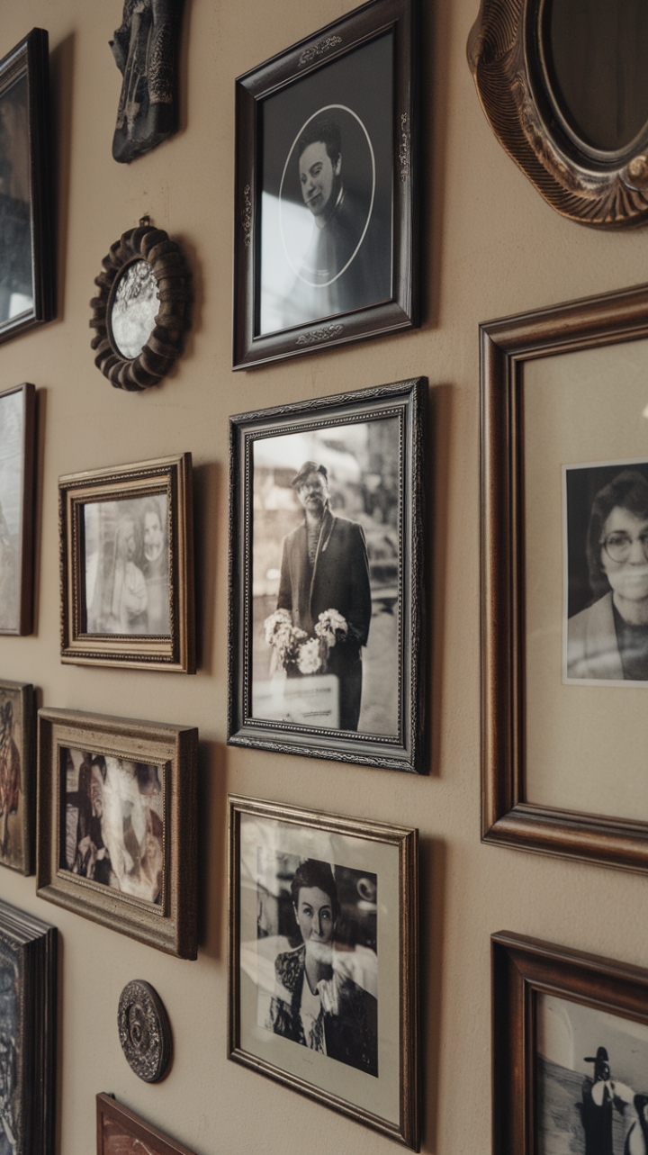 Unearth a treasure trove of memories with this exquisitely curated vintage gallery wall. Retro photographs, encased in antique frames, create a captivating narrative of generations past. The pleasing pattern and warm beige tones evoke a sense of nostalgia and refined elegance, transforming a simple wall into a statement piece brimming with character and charm.